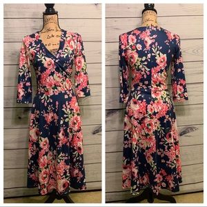 Floral Faux Wrap Stretchy Midi Dress Size Small